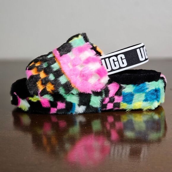 UGG Fluff Yeah Slide Sandal Women's Size 6 Checkered Faux Fur Black White Pink - Picture 7 of 13